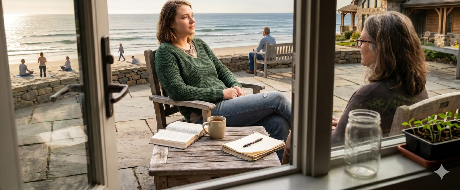 Two women in conversation on an ocean-facing patio — a quiet therapy moment in recovery
